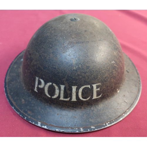 87 - British WWII period steel helmet, complete with liner and chin strap, with blackened top, the front ... 