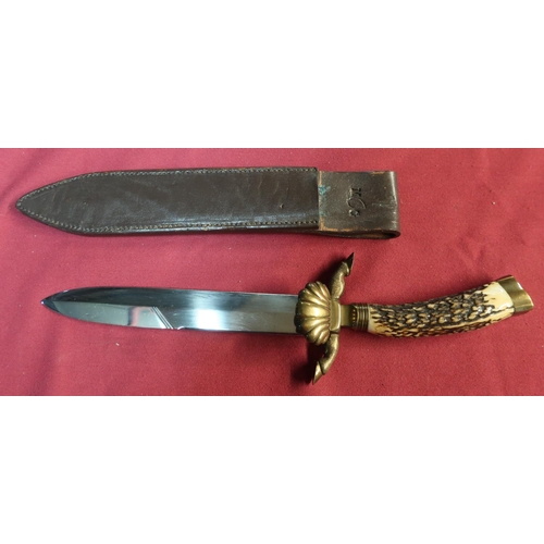 90 - Quality Bowie type knife with 7 1/2 inch steel blade with double edged point, antler grip and brass ... 
