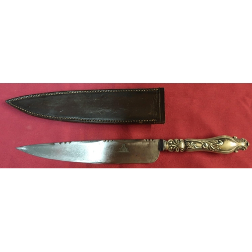 92 - 19th C sheath knife with 8 inch tapering blade with makers mark for Deakin Ecroyd & Co, with tiger t... 