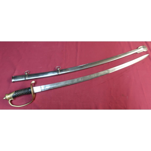 96 - American cavalry sabre with 31 1/2 inch slightly curved blade marked US Pluribus, with pierced brass... 