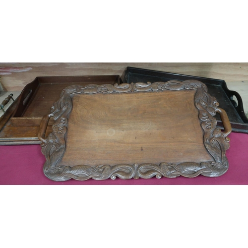 10 - 20th C carved eastern hardwood twin handled tray, early 20th century medium oak twin handled tray, e... 