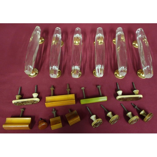 6 - Three pairs of clear faceted acrylic door handles and a selection of 1930s Bakelite handles