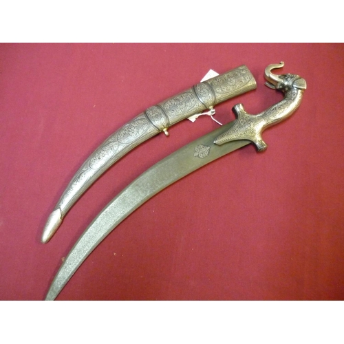 116 - Indian silver inlaid dagger with 14 inch curved Damascus blade with white metal inlaid panel with el... 