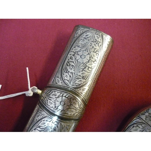 116 - Indian silver inlaid dagger with 14 inch curved Damascus blade with white metal inlaid panel with el... 