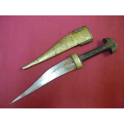 117 - Indo-Persian dagger with 7 inch slightly curved blade, two piece polished horn grips, and white meta... 