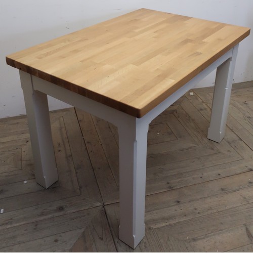 42 - Oak topped kitchen table, with solid block oak top, on cream painted supports inscribed 