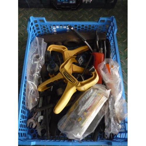40 - Box of tools including spanners, screwdrivers, two Quick Grip hand clamps etc
