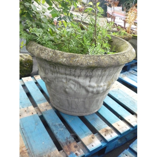 6 - Large reconstituted stone planter with fruiting vine decoration (diameter 31.5