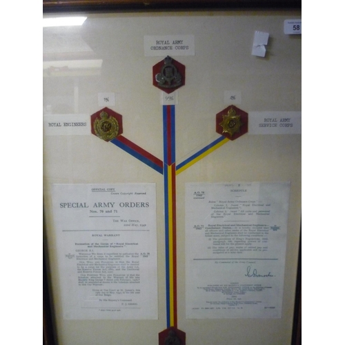 58 - Framed and mounted display of various court regiments and photographic prints of Special Army Orders... 