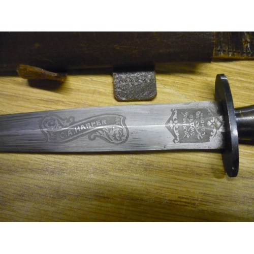 50a - Wilkinson Sword Fairbairn-Sykes commando knife with private engraved blade C. A. Harper, marked Wilk... 
