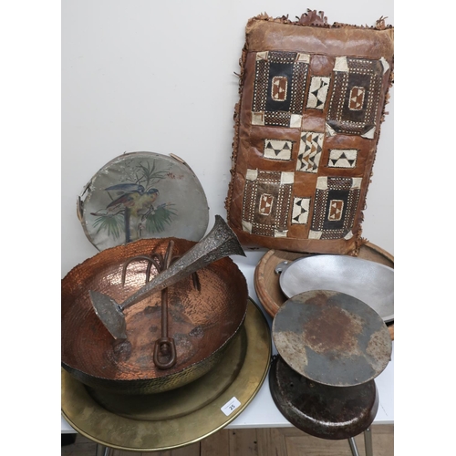 25 - 1950s revolving and shop display , a hand beaten copper bowl, and eastern brass tray, tambourine dec... 