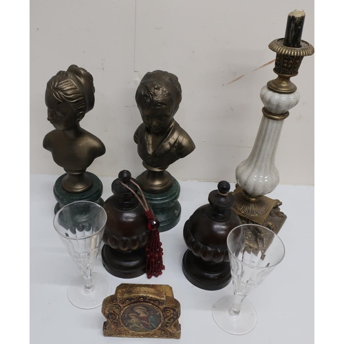 31 - Two 19th century cast brass female busts on green marble plinths, a Rococo style candle stick, a pai... 