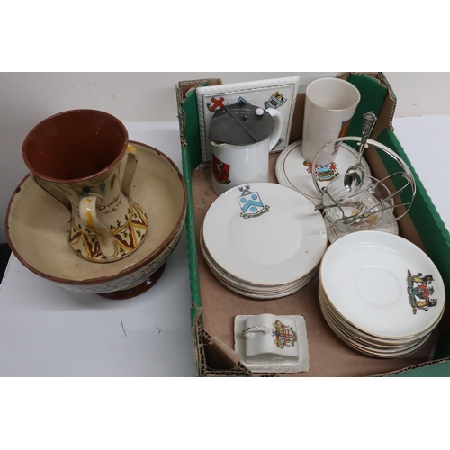 35 - WH Goss crested china jug with pewter lid, WH Goss beaker, selection of Goss saucers, tea plates etc
