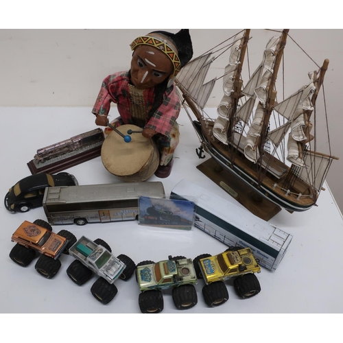 38 - Late 1960s Alps battery operated toy of a Indian playing a drum, wooden model of a three masted clip... 
