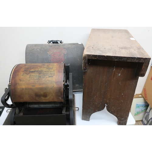 39 - 20th C Ellams Rotary Duplicating Machine, Model D.1 in domed topped tin ware case, and a rustic pine... 