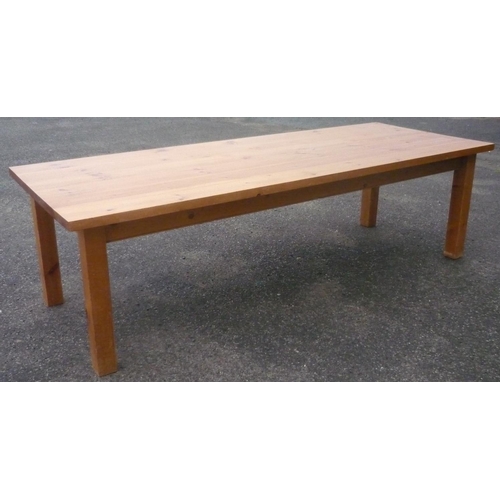45 - Waxed pine rectangular farmhouse kitchen table, on square supports (275cm x 102cm x 79cm)