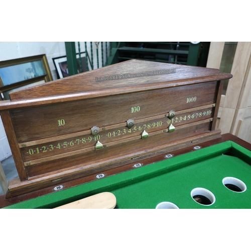 348 - Bar Billiards table with green baise top, mushrooms balls, cues and table brush with an E.A.A Stock ... 