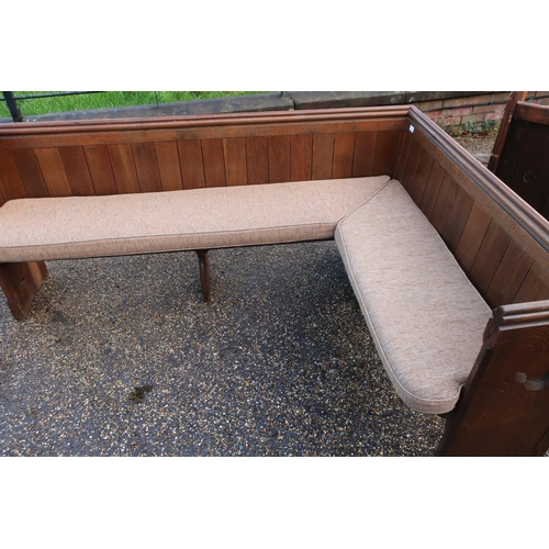 350 - Early 20th century oak corner pew with boarded back and fitted squab seat cushion  (194cm x 142cm x ... 