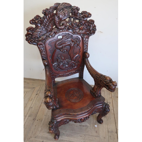 149 - Chinese throne chair, arched back carved with three toed dragon in panel, carved arms and serpentine... 