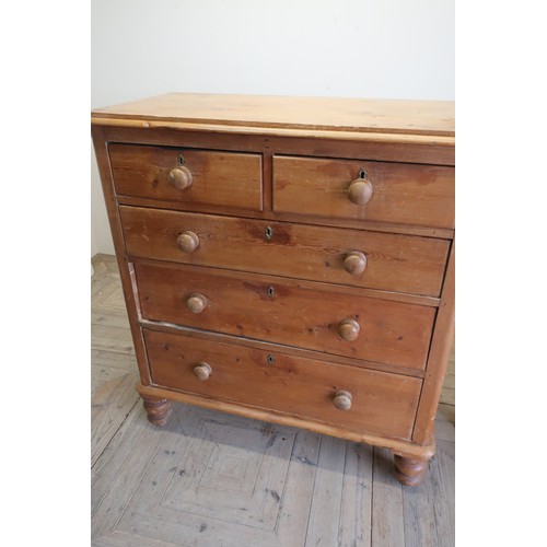 147a - Victorian waxed pine chest of two short with three long drawers with turned wooden handles and feet ... 