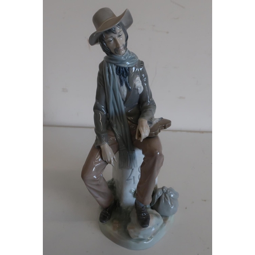 47 - Large Lladro model of a Musician figure seated on a mile post, (H34cm)