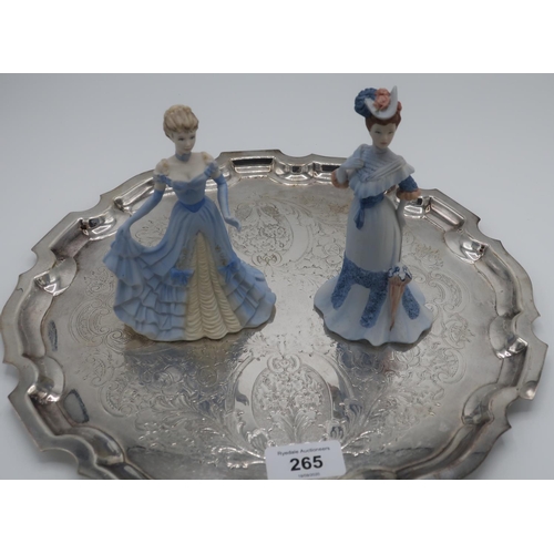 378 - Pair of Coalport figures, Alexandra and Victoria  and a EPNS circular tray (31cm) with Chippendale s... 