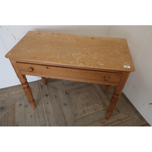 254 - Late Victorian pine single drawer side table on turned supports (90cm x 43cm x 72cm)