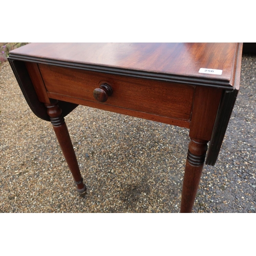 256 - 19th C mahogany dropleaf Pembroke style table with single drawer to one end and faux drawer to the o... 