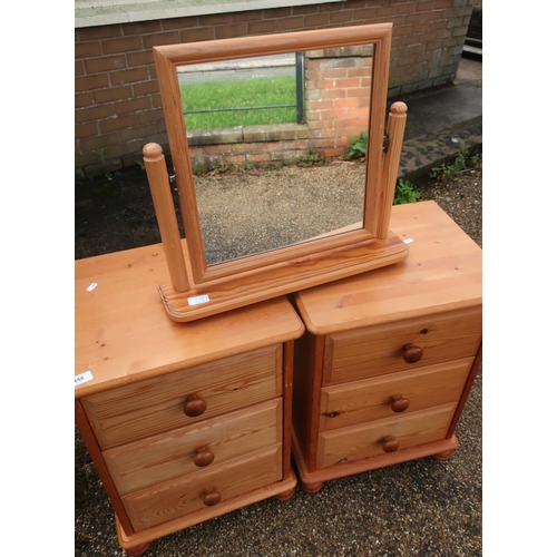 258 - Pair of modern pine three door bedside chests, on turned supports, and a pine free standing dressing... 