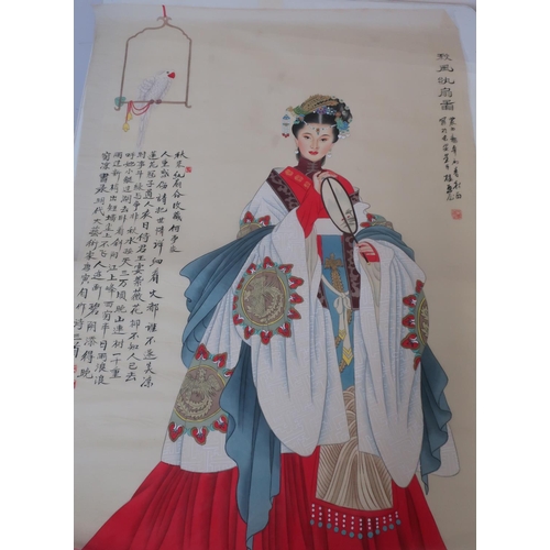 89 - Large Japanese school painting of a lady in colourful robe and elaborate headdress with character ma... 