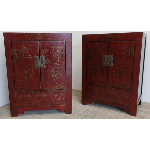 92 - Pair of Shan Shi elm red lacquered two door side cabinets, decorated in gilt with fighting figures a... 