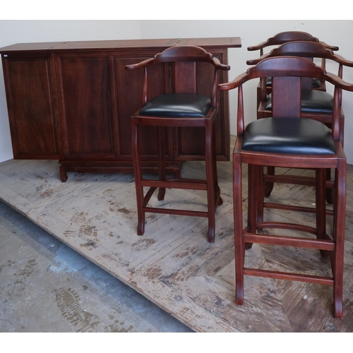 94 - Chinese hardwood bar unit, with twin folding top and two doors enclosing a fitted interior (182cm x ... 