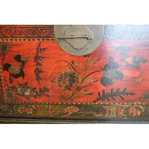 96 - Mongolian rectangular elm blanket box, the front and sides decorated with vases and flowers in lands... 