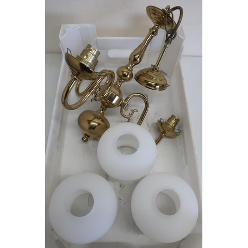 135 - Brass three branch centre light fitting with opaque glass shades