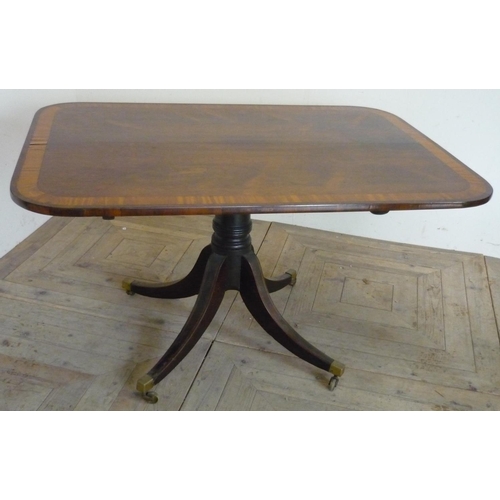 148 - Regency mahogany rectangular breakfast table, satinwood banded tilt-top, on four sabre legs (127cm x... 