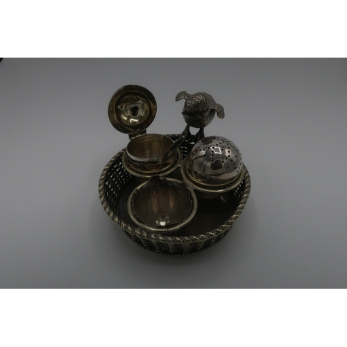 115 - Victorian EPNS novelty basket with chick and eggs cruet set, by Mappin & Webb (diameter 11cm)