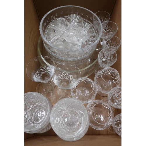 110 - Crystal and other glass wine glasses, tumblers, cherry glasses, bowls, etc in three boxes