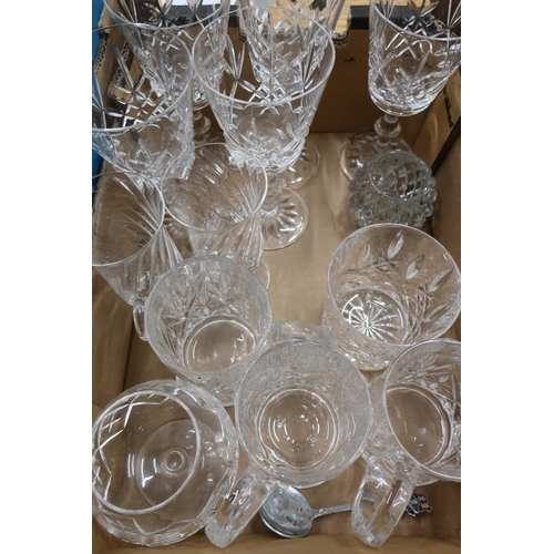 110 - Crystal and other glass wine glasses, tumblers, cherry glasses, bowls, etc in three boxes