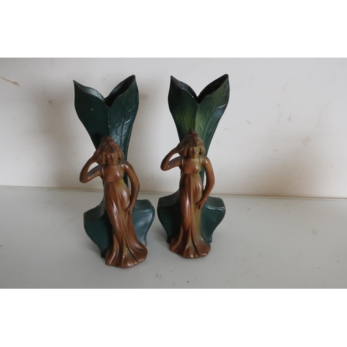 336 - Pair of early 20th C painted Spelter vases, Victorian papier mache spectacle case with mother of pea... 