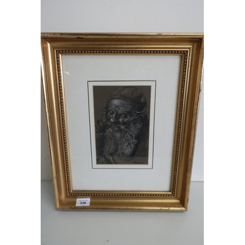 338 - V Penfold charcoal portrait of a 15th C bearded gentlemen in cap, highlighted in chalk, signed and d... 