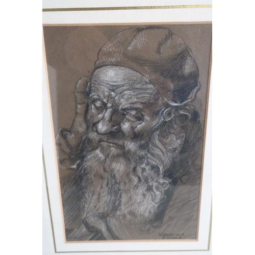 338 - V Penfold charcoal portrait of a 15th C bearded gentlemen in cap, highlighted in chalk, signed and d... 