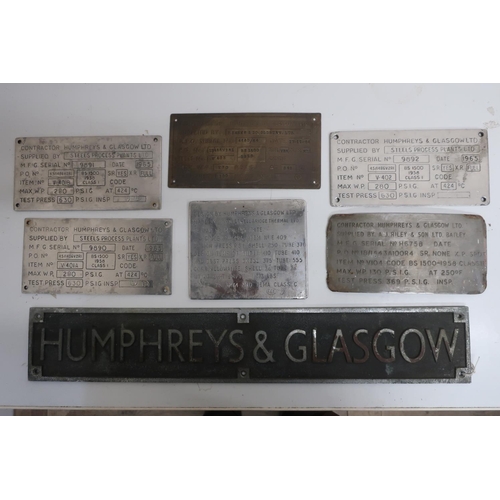 10 - Cast alloy Humphreys & Glasgow sign (10cm x 61cm) and six polished metal Humphreys & Glasgow contrac... 