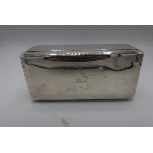 112 - Edwardian silver hallmarked rectangular table cigarette box, hinged cover engraved with a study of a... 