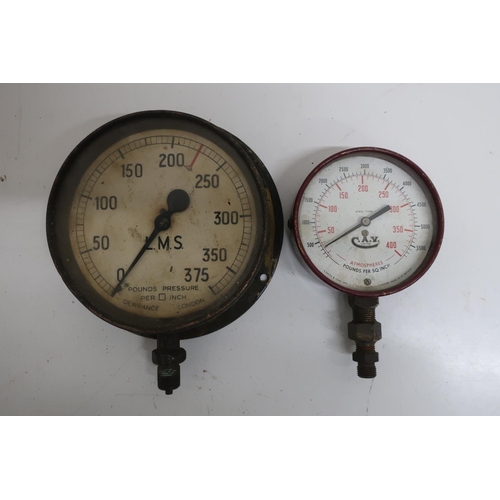 123 - LMS locomotive brass pressure gauge 375 pounds per square inch and a Cay pounds per square inch pres... 