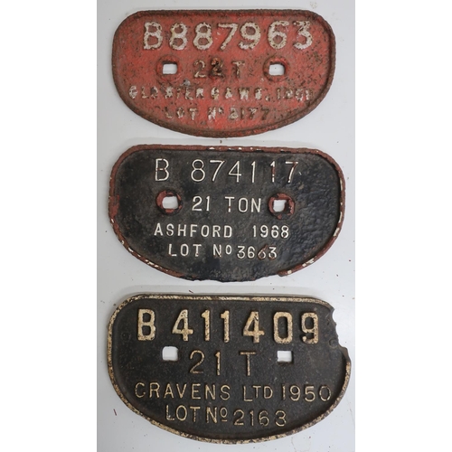 22 - Three cast iron wagon plates B887963, B874117 and B411409
