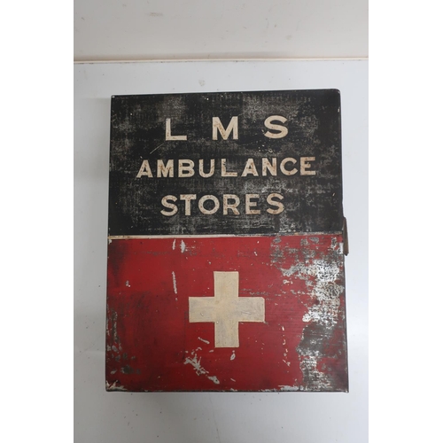 45 - LMS Ambulance Stores tin box with fitted interior with instructions (34cm x 27cm x 11cm)