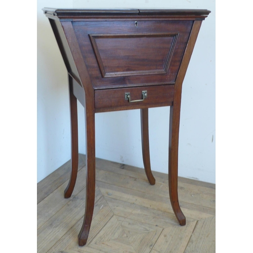 419 - Edwardian mahogany sewing box with twin hinged top and molded front above a fitted drawer, on square... 