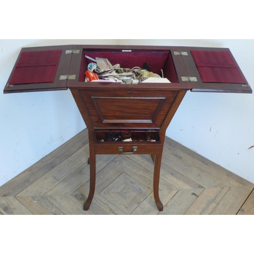 419 - Edwardian mahogany sewing box with twin hinged top and molded front above a fitted drawer, on square... 