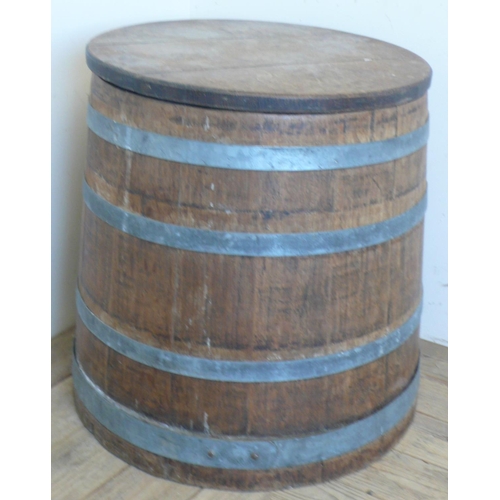 420 - Oak coopered barrel with four alloy bands and planked top (42cm x 48cm)