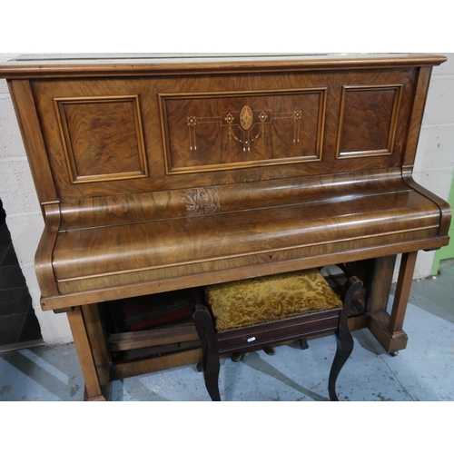 423 - Walnut cased upright piano, inlaid with boxwood and mother and pearl, by John Hoyland and Sons Sheff... 